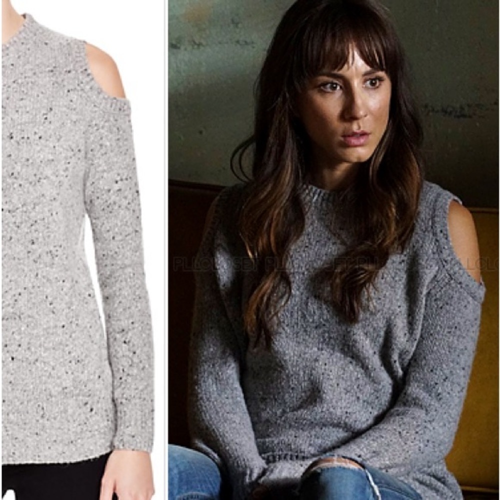 Rebecca Minkoff Marled Charcoal Knit Alpaca Wool Cold Shoulder V-Neck Sweater - Picture 4 of 13